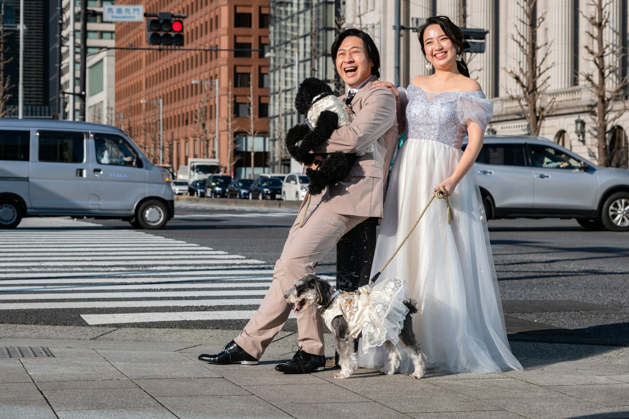 A couple with their dogs